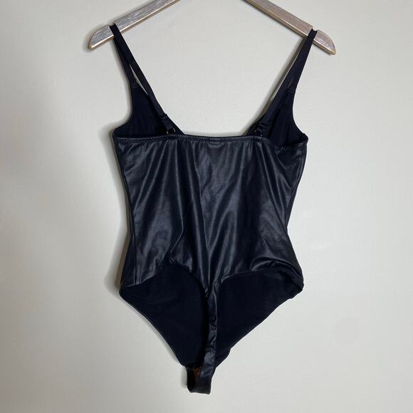 POPILUSH Shapewear Black Faux Leather Plunging V Sculpting Corset Bodysuit Large - Picture 7 of 9